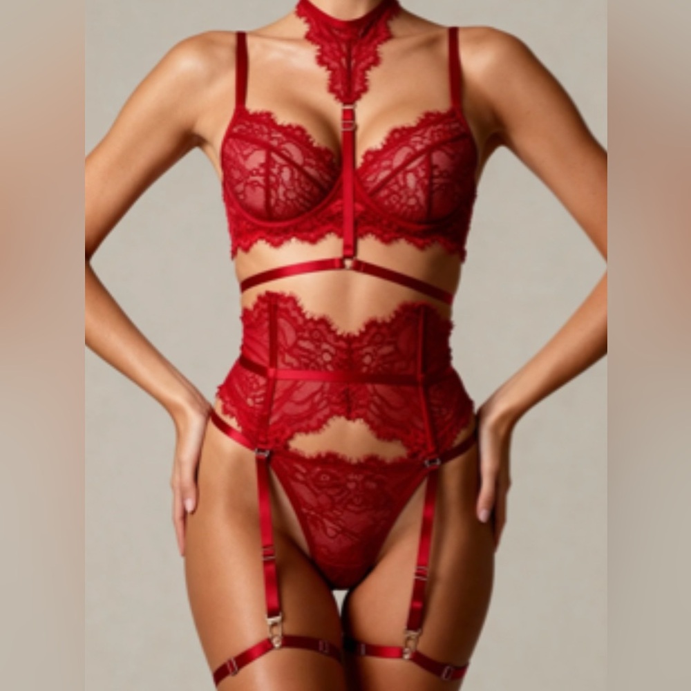 NAKED Red Lace Lingerie Harness Bra, High-Waist Belt, Thong & Garters (Small)